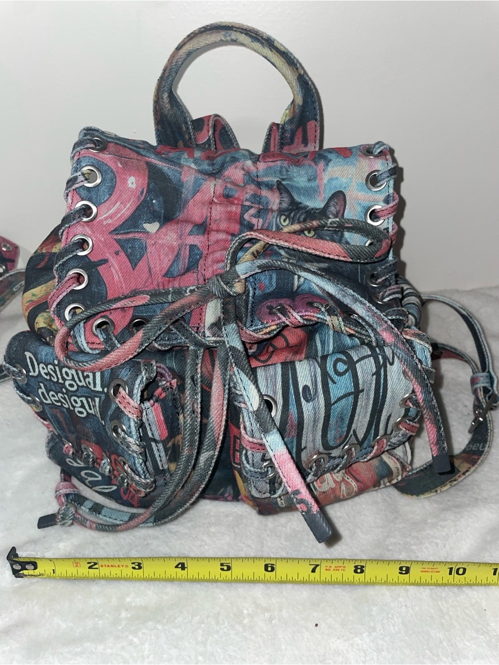 Desigual Multicolor Lace-Up Canvas Mini Backpack - Pink & Blue Accents